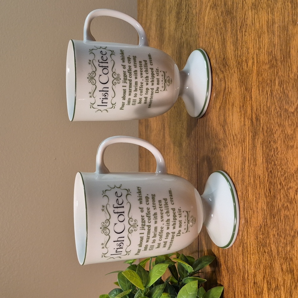 PORCELAIN Irish Coffee Footed Mugs with Decorative Recipe Graphic, Set of 2